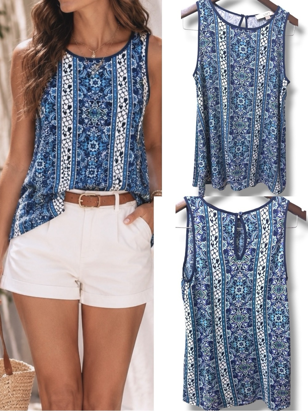 LOFT Ann Taylor | NWOT Blue Boho Medallion Floral Mosaic Sleeveless Tank Top (XS